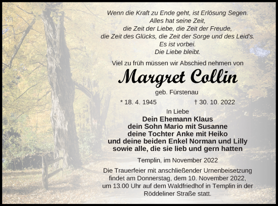 Traueranzeige von Margret Collin von Templiner Zeitung