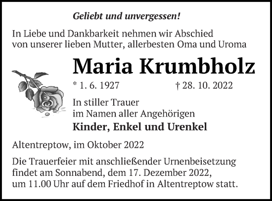 Traueranzeige von Maria Krumbholz von Neubrandenburger Zeitung