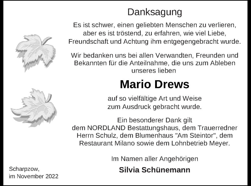  Traueranzeige für Mario Drews vom 05.11.2022 aus Mecklenburger Schweiz