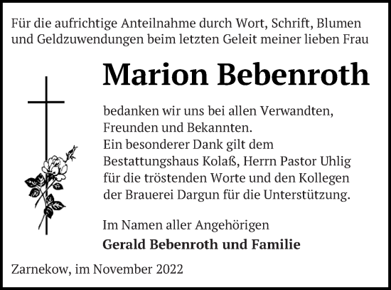 Traueranzeige von Marion Bebenroth von Mecklenburger Schweiz