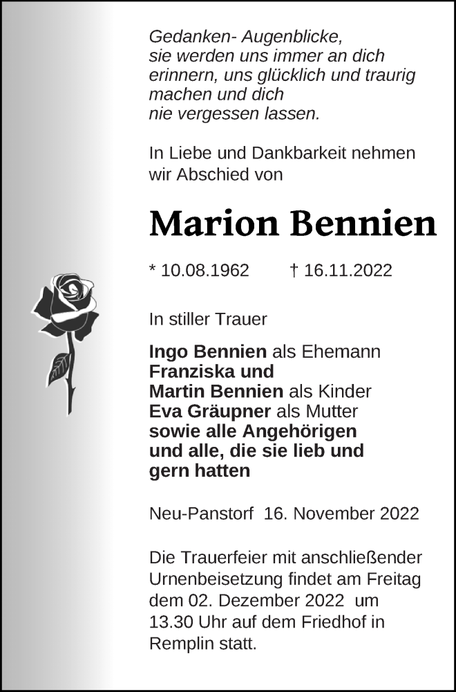  Traueranzeige für Marion Bennien vom 23.11.2022 aus Mecklenburger Schweiz