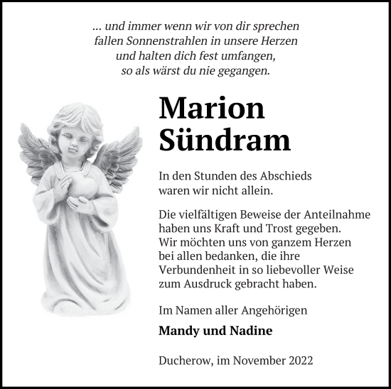 Traueranzeige von Marion Sündram von Vorpommern Kurier