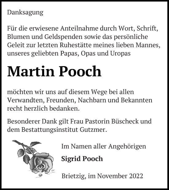 Traueranzeige von Martin Pooch von Pasewalker Zeitung