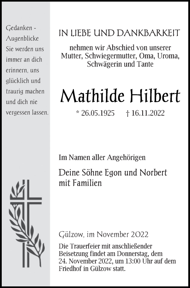  Traueranzeige für Mathilde Hilbert vom 19.11.2022 aus Mecklenburger Schweiz