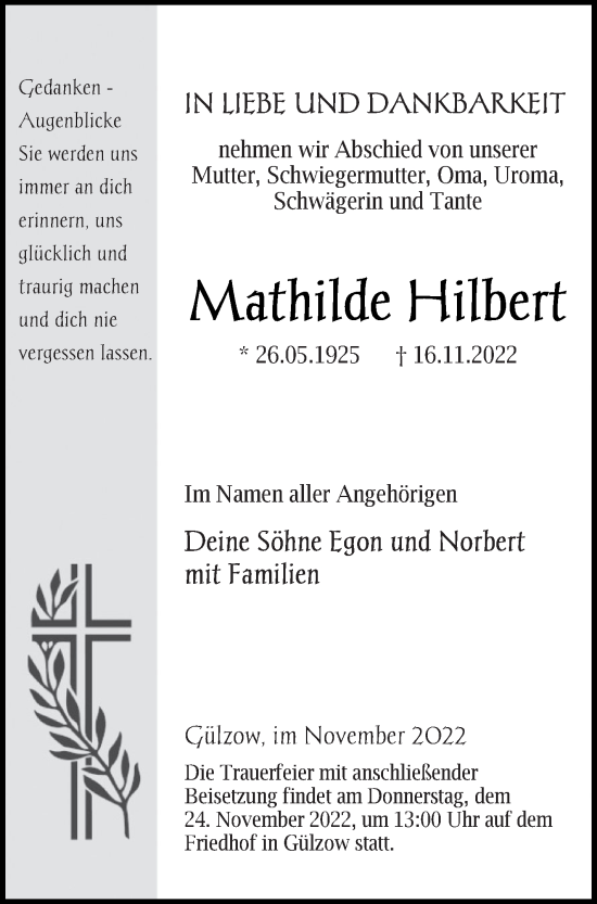 Traueranzeige von Mathilde Hilbert von Mecklenburger Schweiz