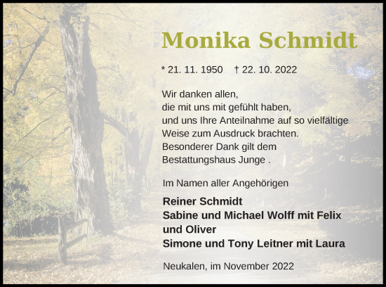 Traueranzeige von Monika Schmidt von Mecklenburger Schweiz