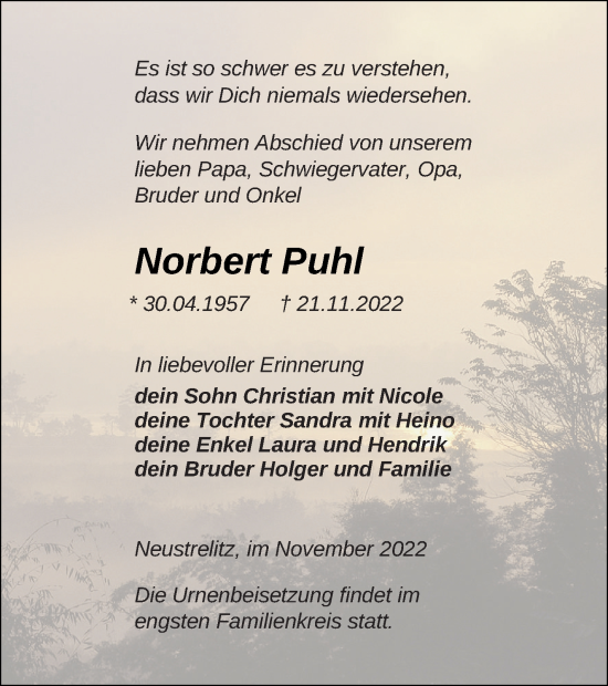 Traueranzeige von Norbert Puhl von Strelitzer Zeitung