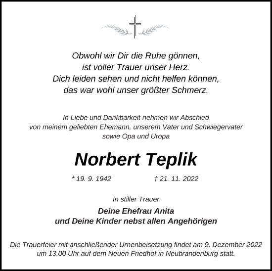 Traueranzeige von Norbert Teplik von Neubrandenburger Zeitung