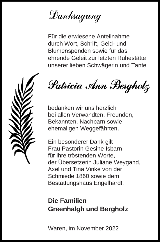 Traueranzeige von Patricia Ann Bergholz von Müritz-Zeitung