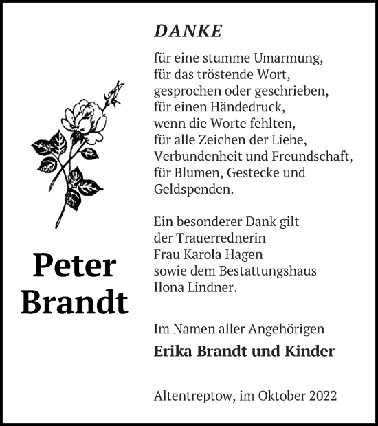 Traueranzeige von Peter Brandt von Neubrandenburger Zeitung