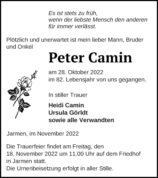 Traueranzeige von Peter Camin von Vorpommern Kurier