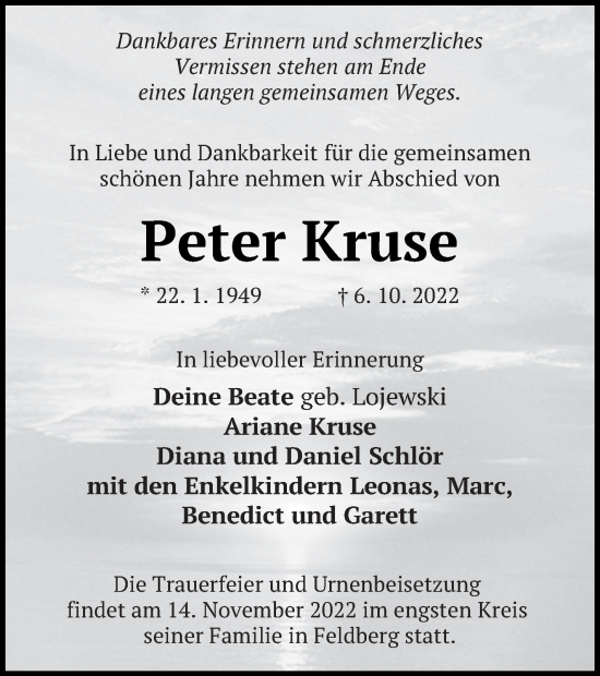 Traueranzeige von Peter Kruse von Strelitzer Zeitung