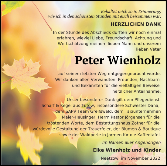 Traueranzeige von Peter Wienholz von Vorpommern Kurier