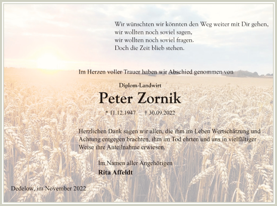 Traueranzeige von Peter Zornik von Neubrandenburger Zeitung