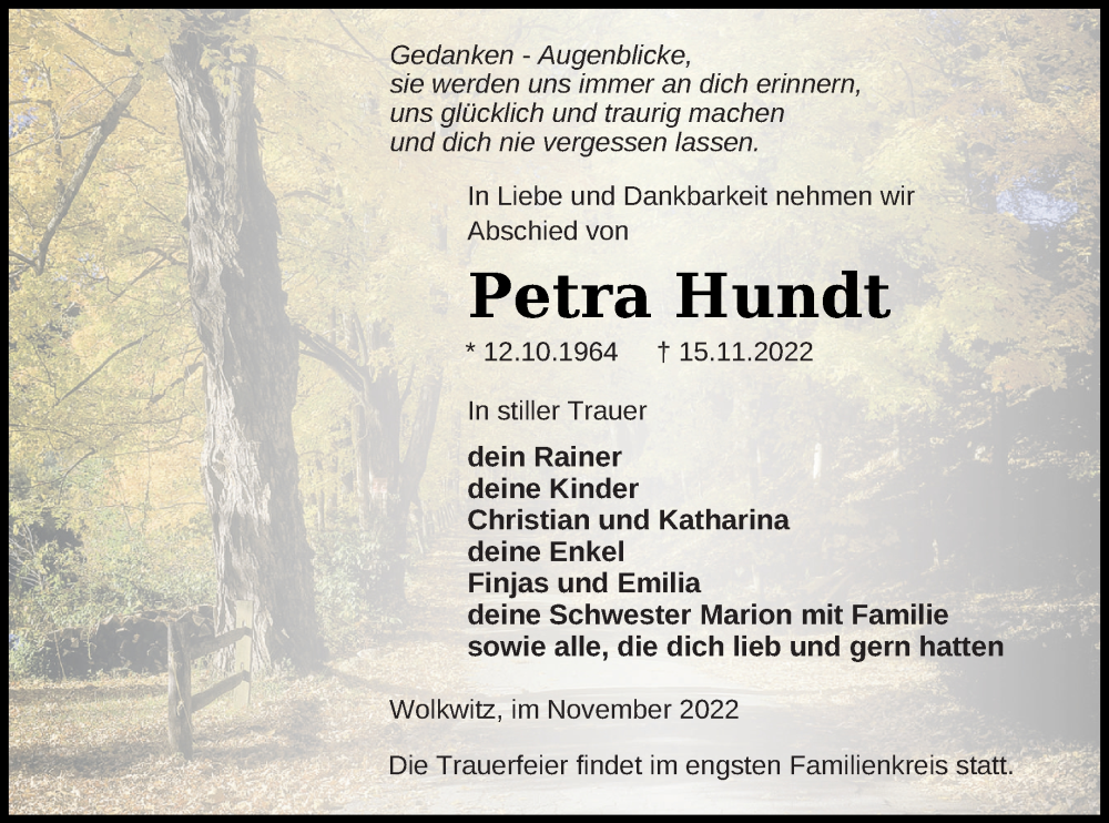  Traueranzeige für Petra Hundt vom 22.11.2022 aus Demminer Zeitung