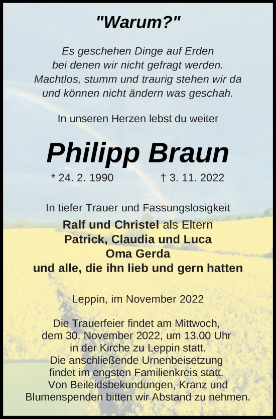 Traueranzeige von Philipp Braun von Strelitzer Zeitung