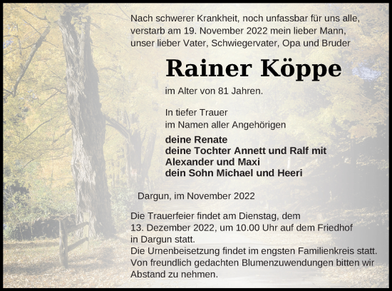 Traueranzeige von Rainer Köppe von Mecklenburger Schweiz