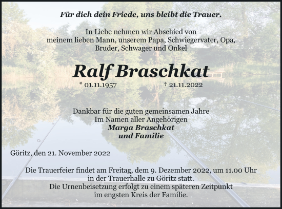 Traueranzeige von Ralf Braschkat von Prenzlauer Zeitung