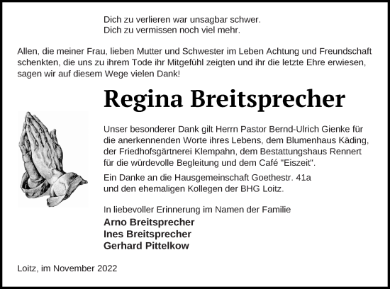 Traueranzeige von Regina Breitsprecher von Vorpommern Kurier