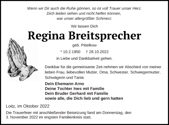 Traueranzeige von Regina Breitsprecher von Vorpommern Kurier