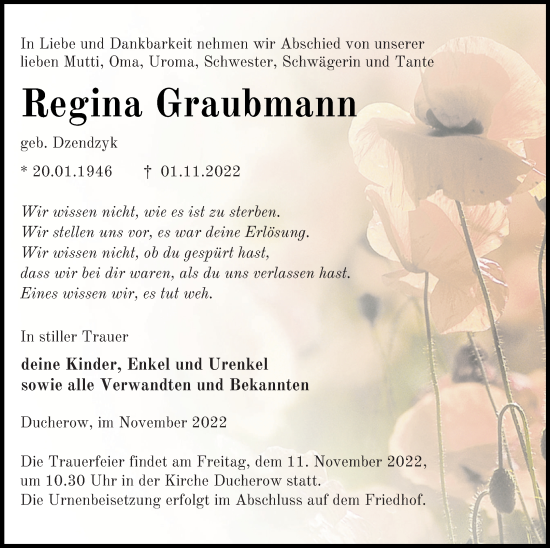 Traueranzeige von Regina Graubmann von Vorpommern Kurier