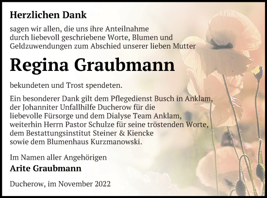 Traueranzeige von Regina Graubmann von Vorpommern Kurier