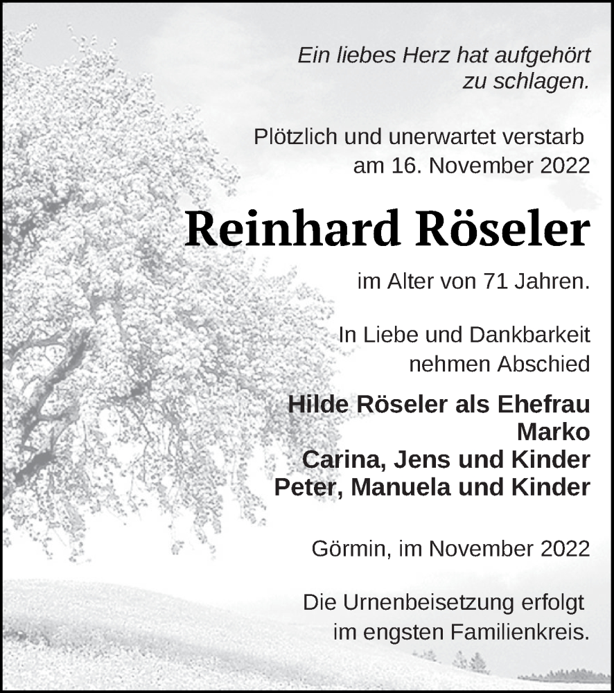  Traueranzeige für Reinhard Röseler vom 22.11.2022 aus Vorpommern Kurier
