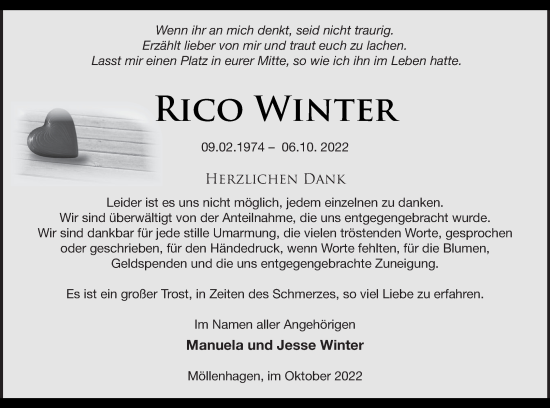 Traueranzeige von Rico Winter von Müritz-Zeitung