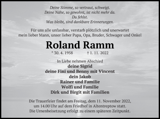 Traueranzeige von Roland Ramm von Neubrandenburger Zeitung