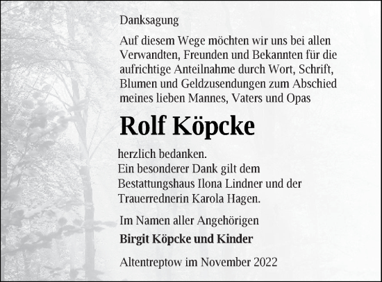 Traueranzeige von Rolf Köpcke von Neubrandenburger Zeitung