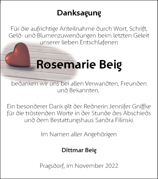 Traueranzeige von Rosemarie Beig von Neubrandenburger Zeitung