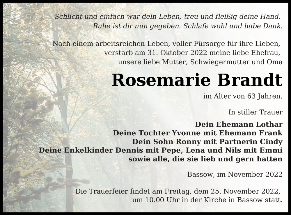  Traueranzeige für Rosemarie Brandt vom 05.11.2022 aus Neubrandenburger Zeitung