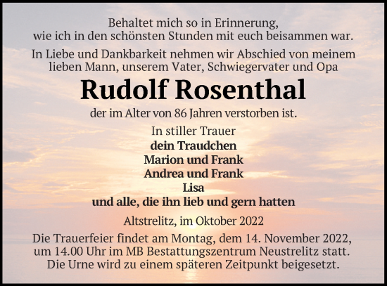 Traueranzeige von Rudolf Rosenthal von Strelitzer Zeitung