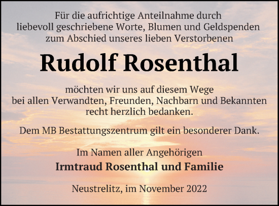 Traueranzeige von Rudolf Rosenthal von Strelitzer Zeitung