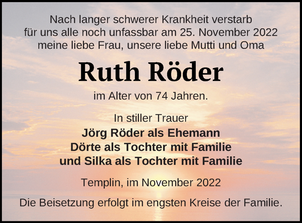  Traueranzeige für Ruth Röder vom 30.11.2022 aus Templiner Zeitung