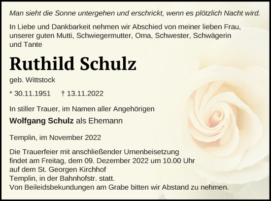 Traueranzeige von Ruthild Schulz von Templiner Zeitung