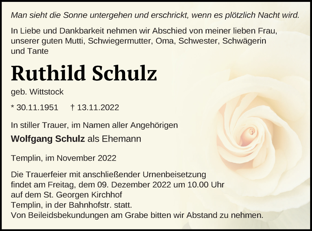  Traueranzeige für Ruthild Schulz vom 19.11.2022 aus Templiner Zeitung