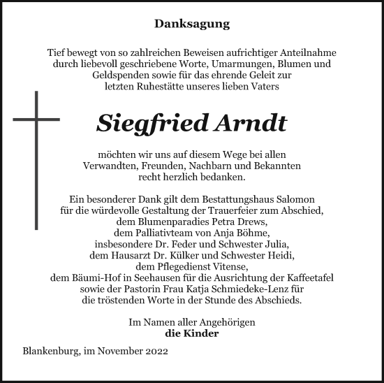 Traueranzeige von Siegfried Arndt von Prenzlauer Zeitung