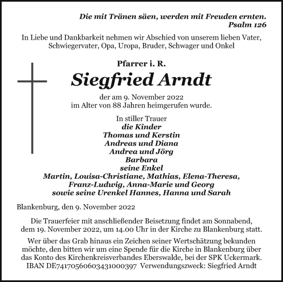 Traueranzeige von Siegfried Arndt von Prenzlauer Zeitung