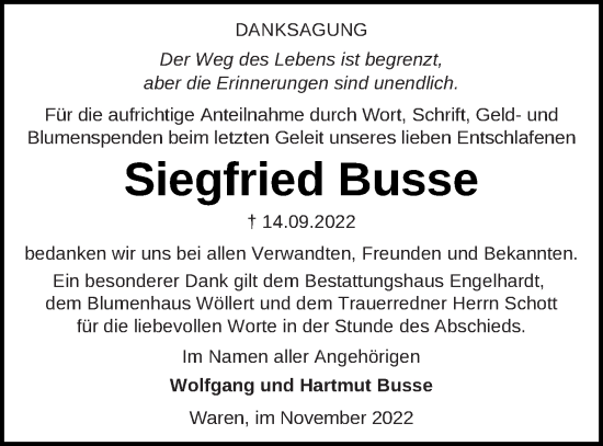 Traueranzeige von Siegfried Busse von Müritz-Zeitung