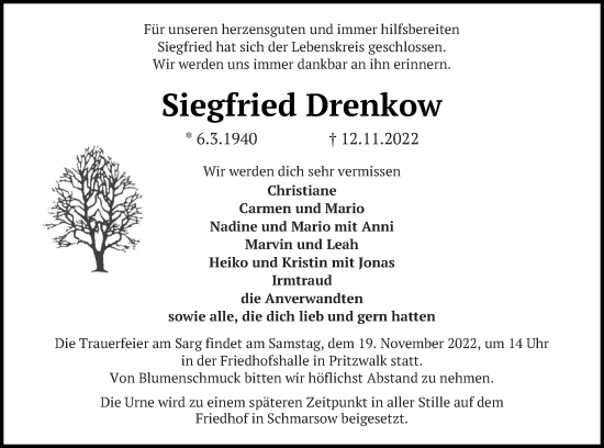 Traueranzeige von Siegfried Drenkow von Müritz-Zeitung