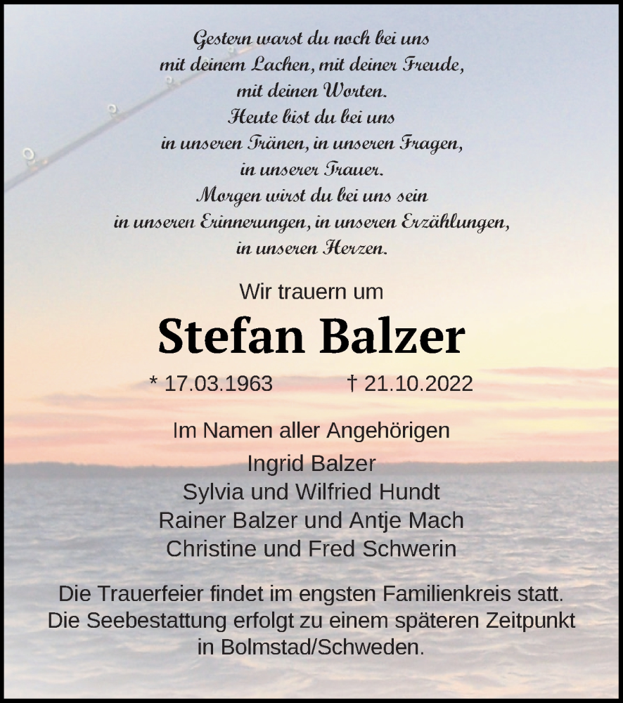  Traueranzeige für Stefan Balzer vom 19.11.2022 aus Mecklenburger Schweiz