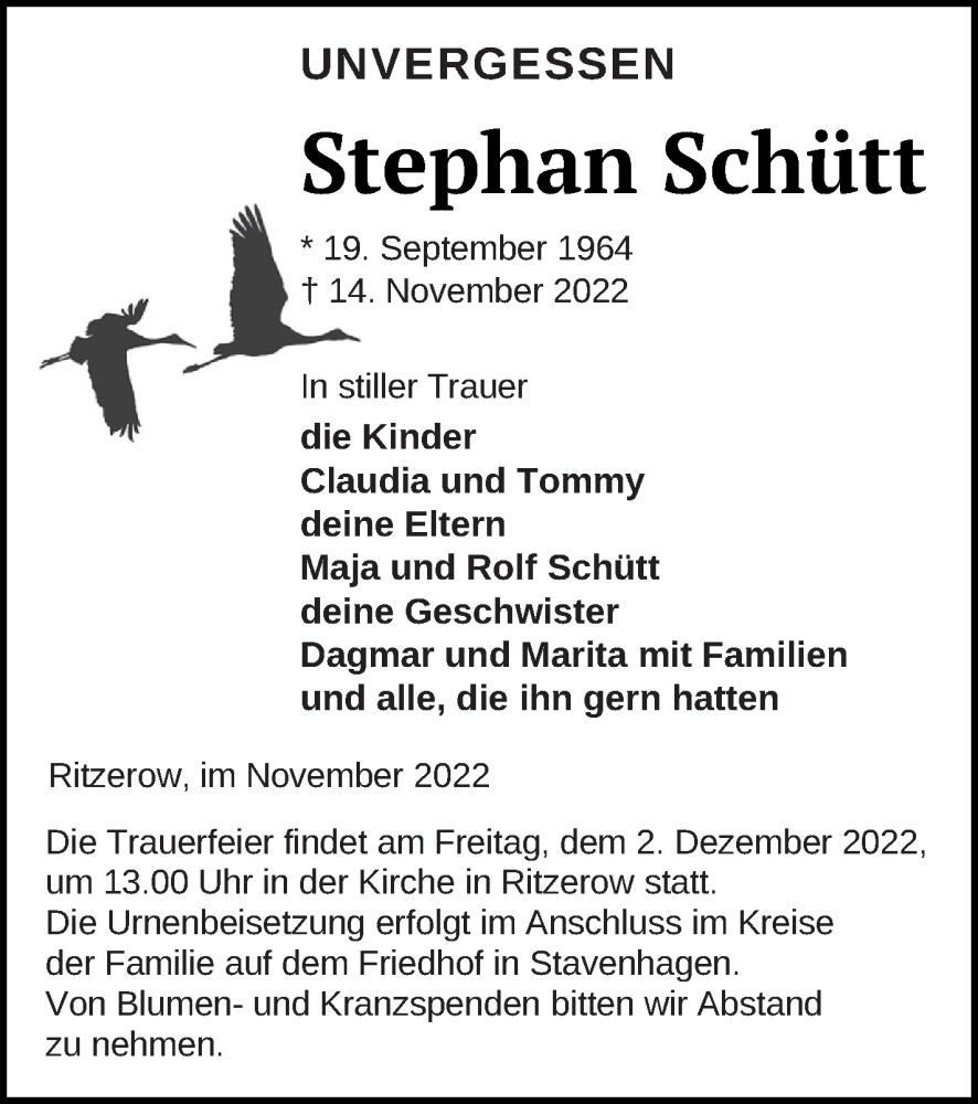  Traueranzeige für Stephan Schütt vom 25.11.2022 aus Mecklenburger Schweiz