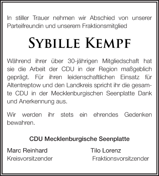 Traueranzeige von Sybille Kempf 