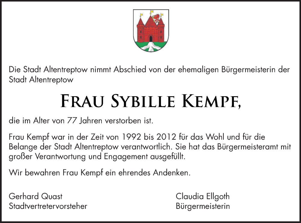  Traueranzeige für Sybille Kempf vom 26.11.2022 aus Neubrandenburger Zeitung