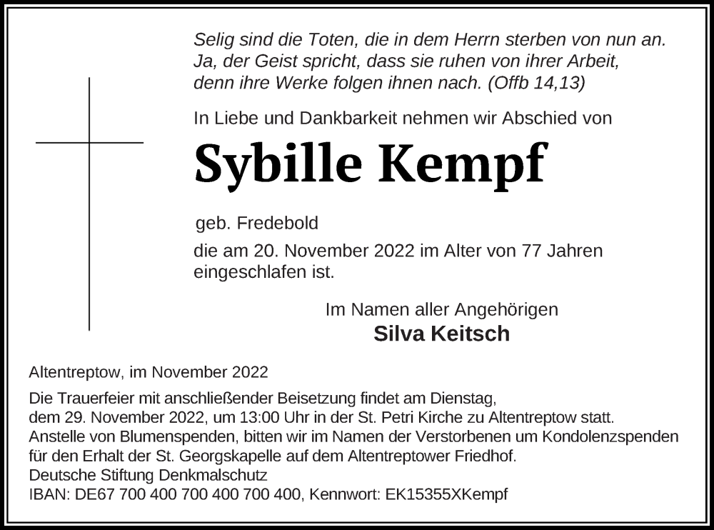  Traueranzeige für Sybille Kempf vom 23.11.2022 aus Demminer Zeitung