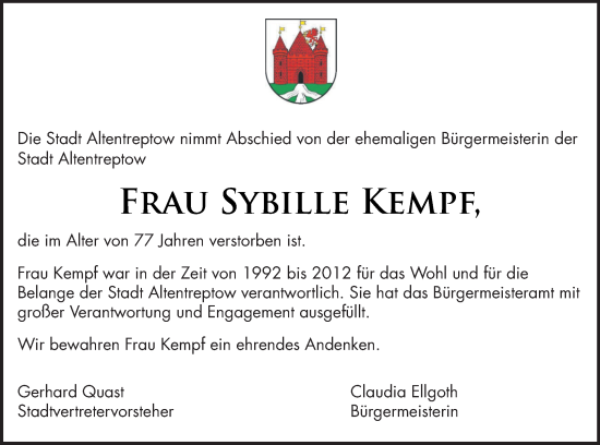 Traueranzeige von Sybille Kempf von Neubrandenburger Zeitung