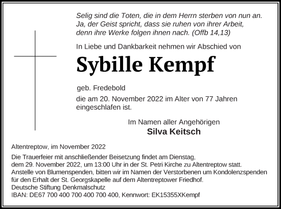 Traueranzeige von Sybille Kempf von Demminer Zeitung