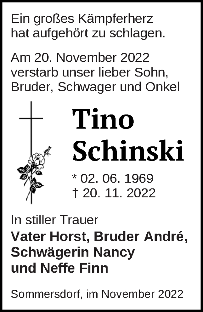  Traueranzeige für Tino Schinski vom 25.11.2022 aus Pasewalker Zeitung