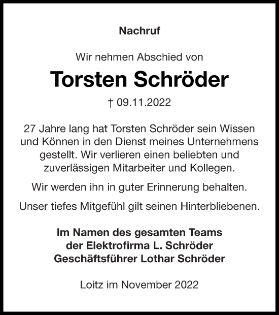 Traueranzeige von Torsten Schröder von Vorpommern Kurier